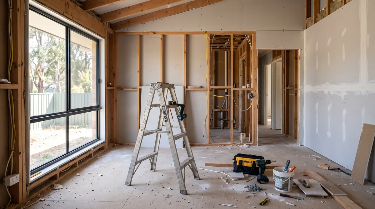 A room mid-renovation with exposed timber framing