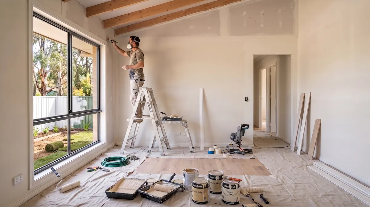 A painter on a ladder finishing an interior wall